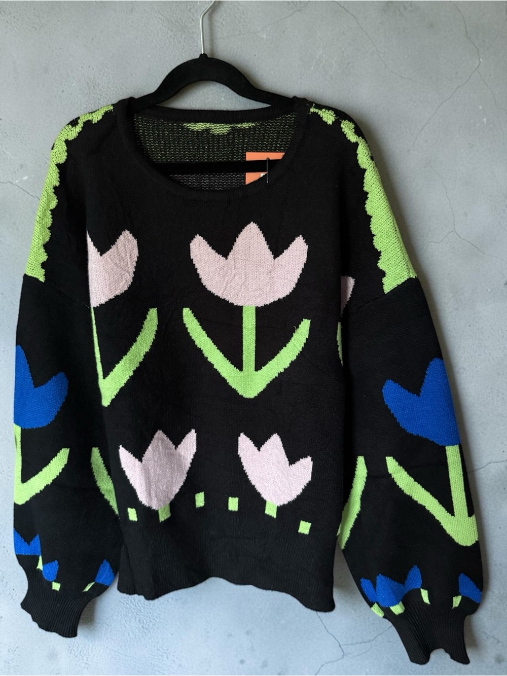 Black Floral Knit Pullover Sweater with Pink & Blue Tulips